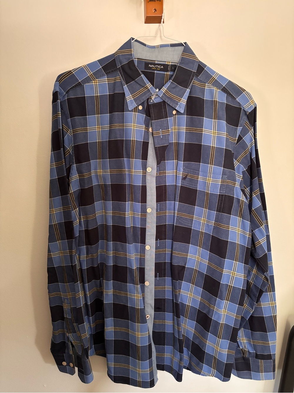 Nautica Navy and Light Blue Plaid Button-Down Shirt with Yellow Accents
